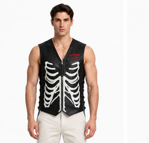 Chaleco con cremallera y estampado de esqueleto negro para hombre con logo personalizado, chaleco gótico de esqueleto para motociclista, chaleco gótico con cremallera para disfraz de Halloween - Product Image 1