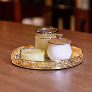 Round <b>Mirrored</b> Metal Storage <b>Tray</b> With Gold Filigree Edge For Table Use Modern Luxury Design Single Tier With Lid - Product Image 4
