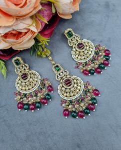 Ensemble collier choker avec boucles d'oreilles et mangtika assortis pour femmes, bijoux ethniques traditionnels pour réceptions, fabricants d'ensembles de bijoux. - Product Image 3