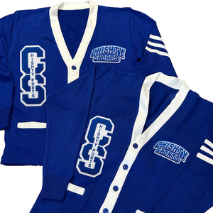 Custom Royal Blue Button Cardigan Sweater Chenille Patch Logo Embroidery <b>White</b> Contrast Pocket Trim 3 Stripe Sleeve Winter - Product Image 1