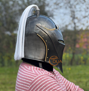 Casco de Armadura Medieval de Caballero, Completo, de Hierro, Plateado y Pulido, con Orificios para los Ojos, Adornos de Latón Decorativos, Pluma Blanca, para Halloween - Product Image 2