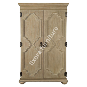 Luxury Handcrafted Solid Wood 2 Door <b>Wardrobe</b> Geometric Quatrefoil Carving Natural Oak Armoire - Product Image 5