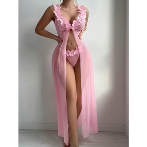 2025 # 6 Conjuntos de Lencería Sexy para Mujer, Diseño con Encaje y Abertura Lateral, Ropa de Dormir Larga, Conjunto de Dos Piezas - Product Image 1