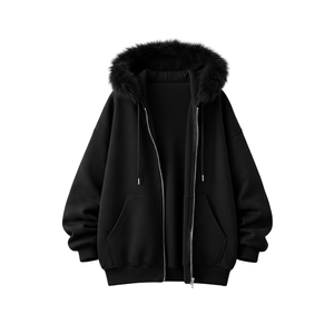 Sweat-shirt à capuche zippé en fourrure noire pour homme, sweat-shirt à capuche oversize en polaire d'hiver, veste décontractée streetwear avec poches - Product Image 2
