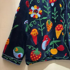 Chaqueta de Terciopelo Azul Oscuro con Bordado a Mano Estilo Vintage para Mujer, Cuello Mandarín, Mangas Largas, Abertura Frontal, Abrigo Casual de Invierno - Product Image 5
