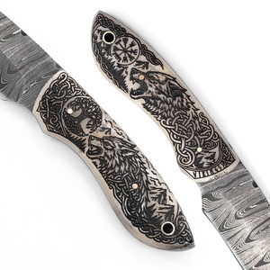 Couteau de chasse à lame fixe en acier Damas personnalisé - Lame droite de 19 cm - Manche en os de chameau gravé au laser - Motif loup Vegvisir - Product Image 6