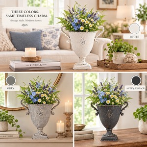 Vintage Distressed White Metal Urn Vase Rustic Farmhouse <b>Table</b> Centerpiece with <b>Side</b> Handles and Wildflower Bouquet Arrangement - Product Image 3