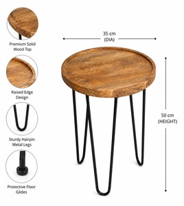 Table d'appoint ronde en bois de manguier de qualité supérieure avec bord surélevé et pieds en métal pour une décoration intérieure contemporaine - Product Image 1