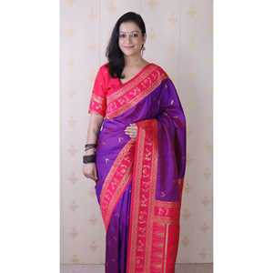 ผ้าซารีไหมเนื้อนุ่มสีม่วง ลายวาร์ลี งานฝีมือดั้งเดิม เสื้อผ้าอินเดียและปากีสถาน - Product Image 3