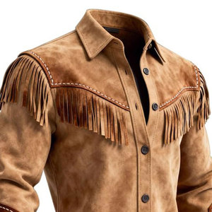 <b>Men's</b> <b>Suede</b> Leather Shirt <b>Jacket</b> With Fringe Western Style Casual Outwear Turn-down Collar Regular Sleeve Solid Color - Product Image 5