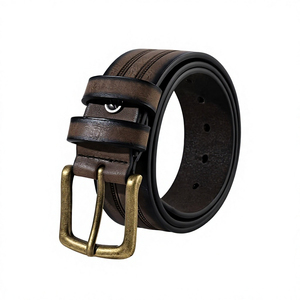 Ceinture pour homme en cuir de vachette de haute qualité, boucle carrée en cuivre, double couture, tressée, 35 mm, texture fine, usage quotidien décontracté - Product Image 5