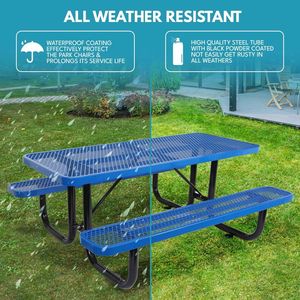 Mesa de Picnic Rectangular de Acero para Exteriores de 6 Pies con Poste para Sombrilla, Muebles de Patio, Color Azul - Product Image 5