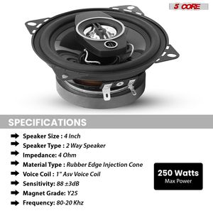 Haut-parleurs coaxiaux de voiture 4FT 250W (paire) avec tweeter, ajustement universel, remplacement rapide, haut-parleur composant - Product Image 6