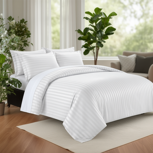 White 400 TC Satin Stripe Fitted <b>Bed</b> <b>Sheet</b> Set American Style <b>Queen</b> Size with 4pcs for Home Hotel Use Twin Size Also Available - Product Image 3