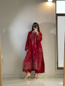Maroon Embroidered <b>Kurta</b> Set for <b>Women</b> | Long Sleeve Ethnic Suit with Matching Pants | Indian Pakistani Fashion Wholesale - Product Image 1