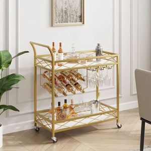 Multi Purpose Iron Bar Cart with Gold Finish and Glass Shelves Rolling <b>Serving</b> <b>Trolley</b> Home Bar Kitchen Dining Storage Solution - Product Image 4