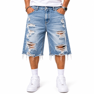<b>Men</b> Distressed Denim <b>Shorts</b> Custom Color <b>Long</b> Jean <b>Shorts</b> Ripped Frayed Streetwear Fashion OEM Clothing Manufacturer - Product Image 6