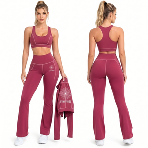 Ensemble 3 pièces de yoga pour femme, coupe ajustée, avec veste courte, soutien-gorge et leggings évasés, idéal pour le sport et l'entraînement en salle de sport, personnalisable OEM - Product Image 3
