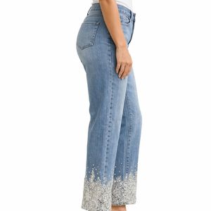 Jeans de mezclilla cortos de color azul claro para mujer, con dobladillo de encaje, corte recto, pantalones de moda, tela transpirable, estilo elegante, pantalones de mezclilla para mujer - Product Image 4