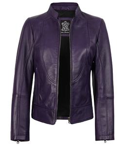 Chaqueta de Motociclista Personalizada para Mujer, de Cuero Vacuno Genuino Morado, Corte Ajustado, con Cierre, Ecológica, Impermeable y Transpirable - Product Image 3