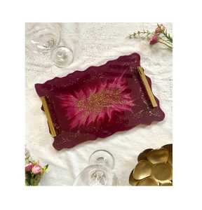 Handmade Resin <b>Serving</b> <b>Tray</b> with <b>Gold</b> Handles Elegant Decorative Tableware Luxury Resin Art <b>Tray</b> with Matching Coasters - Product Image 1