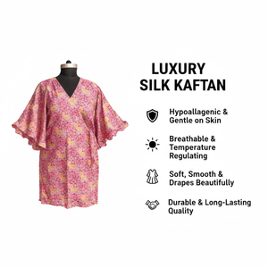 Exquisito Kaftán Rosa de Seda con Estampado Paisley, Cuello en V, Dobladillo con Volantes, Ropa de Dormir de Boutique, 100% Seda Habotai, Hecho a Mano, Vestido de Mujer, Obra Maestra - Product Image 4