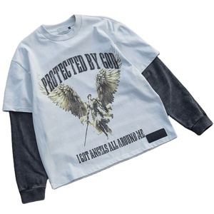 Top qualité Logo personnalisé Double couche à manches longues Style tendance Streetwear lourd surdimensionné 100% coton hommes t-shirt - Product Image 3