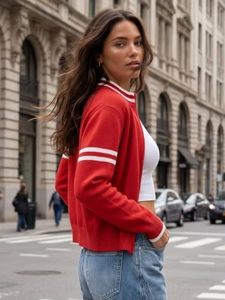 Chaqueta bomber roja de punto para mujer, estilo varsity, con cuello y mangas a rayas, cierre de cremallera, informal, directo de fábrica, fabricante OEM - Product Image 5