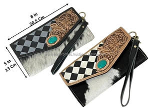 Nueva Llegada: Carteras de Mano Largas de Cuero Vacuno Grabado a Mano para Mujer, Diseño Vintage con Patrón a Cuadros y Bloqueo RFID - Product Image 2