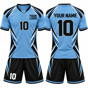 Ensemble de maillot de football personnalisé noir et bleu, col en V, manches courtes, impression sublimée, respirant, uniforme d'équipe unisexe pour adultes - Product Image 1