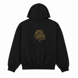 Sweat-shirt à capuche noir surdimensionné pour homme OEM ODM avec broderie de dragon chinois doré et poche kangourou, logo personnalisé - Product Image 2