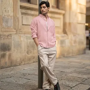 <b>Men's</b> <b>Pink</b> Button Down Collar Dress <b>Shirts</b> Casual Cotton Slub <b>Long</b> <b>Sleeve</b> Solid Breathable Spring <b>Shirts</b> - Product Image 1