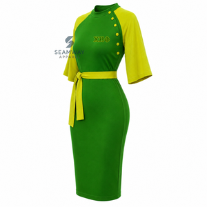 Vestido Midi Ajustado de Mujer Chi Eta Phi con Bloques de Color Verde y Amarillo en Contraste, Manga Capa, Detalle de Botones y Lazo en la Cintura - Product Image 3