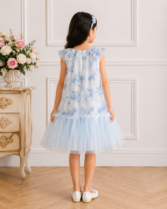 Vestido de Fiesta de Tul Azul con Estampado Floral para Niñas, con Adorno de Lazo de Perlas, Estilo Dulce con Dobladillo de Tul en Línea A, para Primavera - Product Image 5