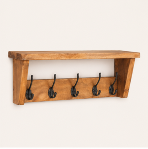 Perchero de pared rústico de madera maciza con estante y 5 ganchos de hierro fundido para la entrada, pasillo o cuarto de servicio, organizador para la decoración del hogar. - Product Image 3