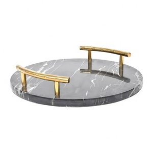 White Marble Serving Tray Gold Platted Handle Round Marble Base with Metal Gold Handle Tray for Serving Food and <b>Sweets</b> Tray - Product Image 3
