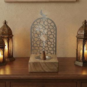 Brûleur d'encens en résine fait main avec un design géométrique islamique et un dessus en forme de lune pour usage religieux par Curio Craft - Product Image 5