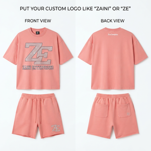 Mens 280 GSM Cotton French Terry <b>T</b> <b>Shirt</b> Short Set <b>Peach</b> Custom Rhinestone Embroidery Print Logo OEM ODM Premium Quality - Product Image 1