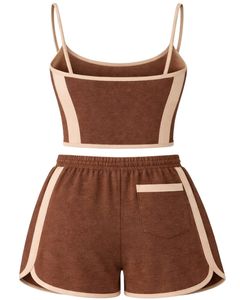 Coffee Brown Beige Women Camisole And Shorts <b>Set</b> Summer Two Piece Outfit Cotton Blend Crop Top Embroidery Drawstring Shorts - Product Image 2
