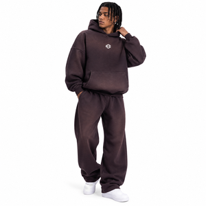 Sudadera con capucha marrón lavada para hombre, de forro polar oversize con bolsillo canguro, conjunto de chándal a juego, proveedor OEM de ropa urbana personalizada - Product Image 4
