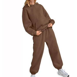 <b>Women's</b> <b>Brown</b> Hooded Full Length Regular Fit Vintage Casual Solid Color 2 Piece <b>Tracksuit</b> 100% Cotton Material OEM Custom Logo - Product Image 4