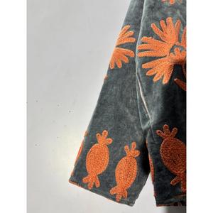 Bohemian Grey <b>Velvet</b> Embroidered Suzani <b>Jacket</b> With Orange Floral Threadwork Full Sleeve Stand Collar <b>Women's</b> Winter Outerwear - Product Image 3