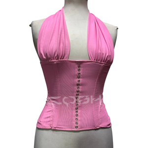 Wholesale Pink Mesh Overbust Corset with Halter Strap Front Eyelets Detail & Adjustable Back Laced Up - Product Image 1