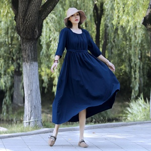 Robe midi vintage en coton biologique, manches 3/4, plissée avec poches, style rétro ample, printemps-été, pour femme, usage quotidien - Product Image 1