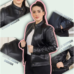Veste en cuir de style motard classique pour femmes grandes tailles, entièrement personnalisable, respirante, écologique, doublure en coton coupe-vent complète - Product Image 4