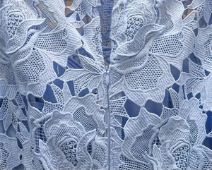 Robe de soirée longue pour femme, bleu clair, en dentelle, col montant, manches courtes, imprimé floral, coupe trompette, élégante et modeste - Product Image 5