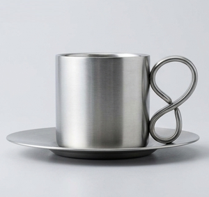 Modern Stainless Steel Tea <b>Cup</b> with <b>Saucer</b> Unique Spiral Handle Cylinder Metal Drinkware - Product Image 2