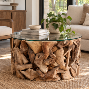 Table basse rustique en bois de teck rond, faite à la main, de style moderne, avec plateau en verre, ARTERRA, pour salon - Product Image 5