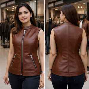 Chaleco de Piel de Cordero para Mujer, Estilo Motero, Cierre de Botones, Chaqueta de Motocicleta, Prenda Exterior de Cuero Genuino, Elegante y Clásica - Product Image 2