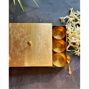 Luxury Octagonal Brass <b>Spice</b> <b>Box</b> <b>Indian</b> Traditional Masala <b>Box</b> Container Set with Spoon Embossed Lid Kitchen Storage <b>Spices</b> <b>Box</b> - Product Image 5